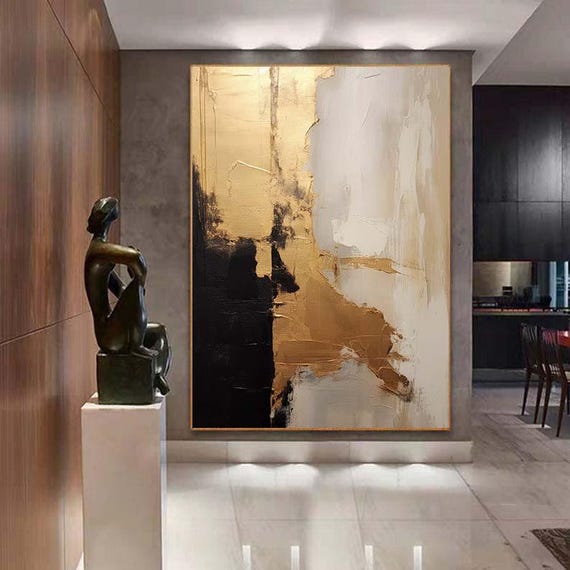 Black,beige,gold,white 100% Hand Painted,textured Painting