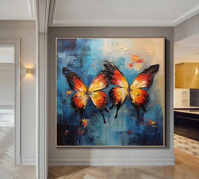 キャンバスに描かれた抽象的な蝶の油絵 テクスチャ蝶の絵画 ミニマ