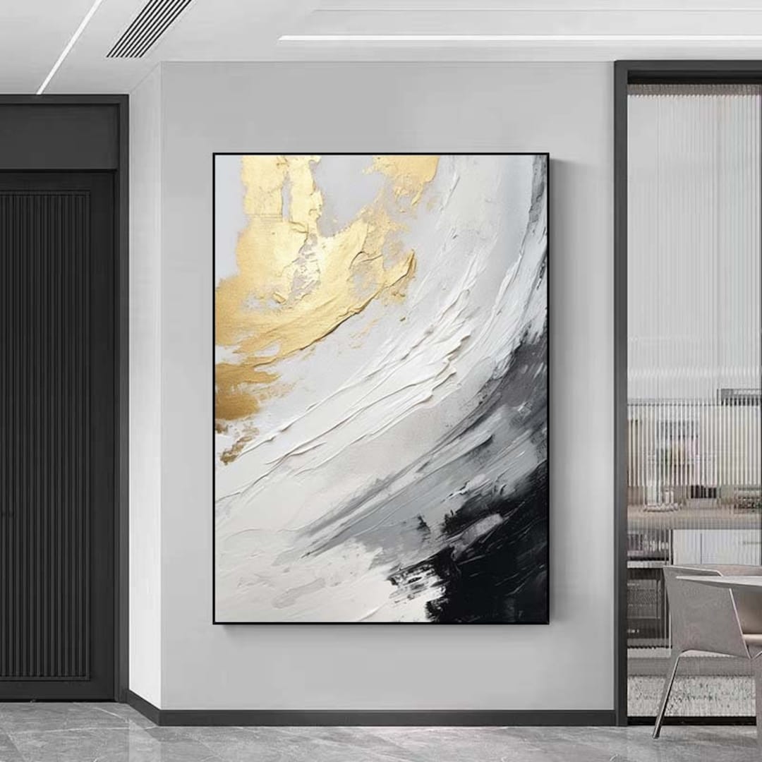 Black and White Texture Wall Art Gold Abstract Painting on Canvas ...