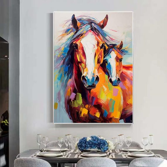 キャンバスに描かれた馬油テクスチャー絵画、馬の絵画オリジナル、動物