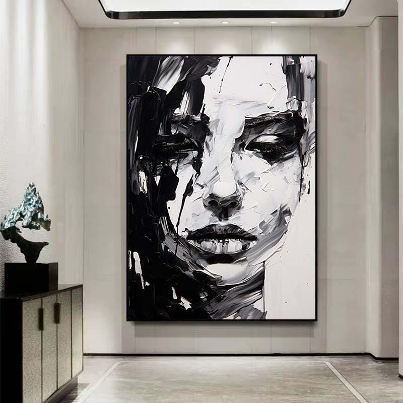 Francfrancモノクロ女性肖像アクリルアートパネル 大判 大きな白黒絵画 キャンバスに描かれたオリジナルの女性画 白黒の女性の
