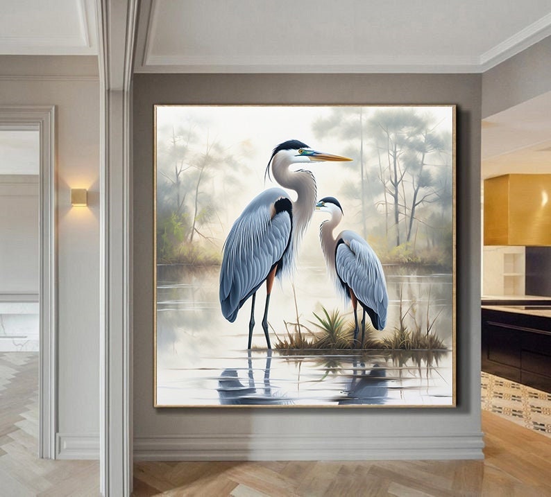 Great Blue Heron art Original great blue heron oil on canvas, Heron painting, Water bird artwork on canvas panel home decor
