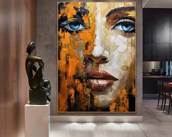 抽象的な女性の絵画 額入り オレンジとベージュ 女性の絵画 女性の顔の