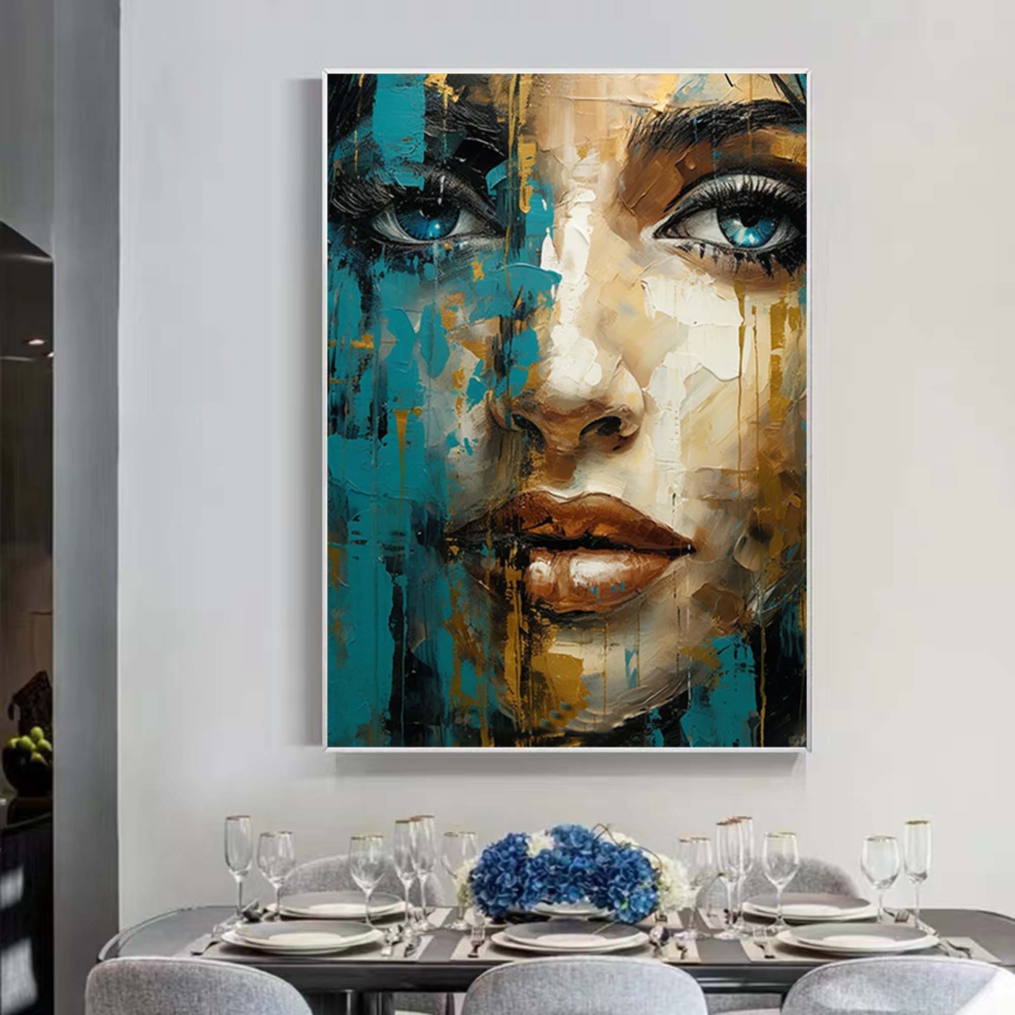 Abstract Lady Painting Framed Blue and Beige Woman Painting Woman