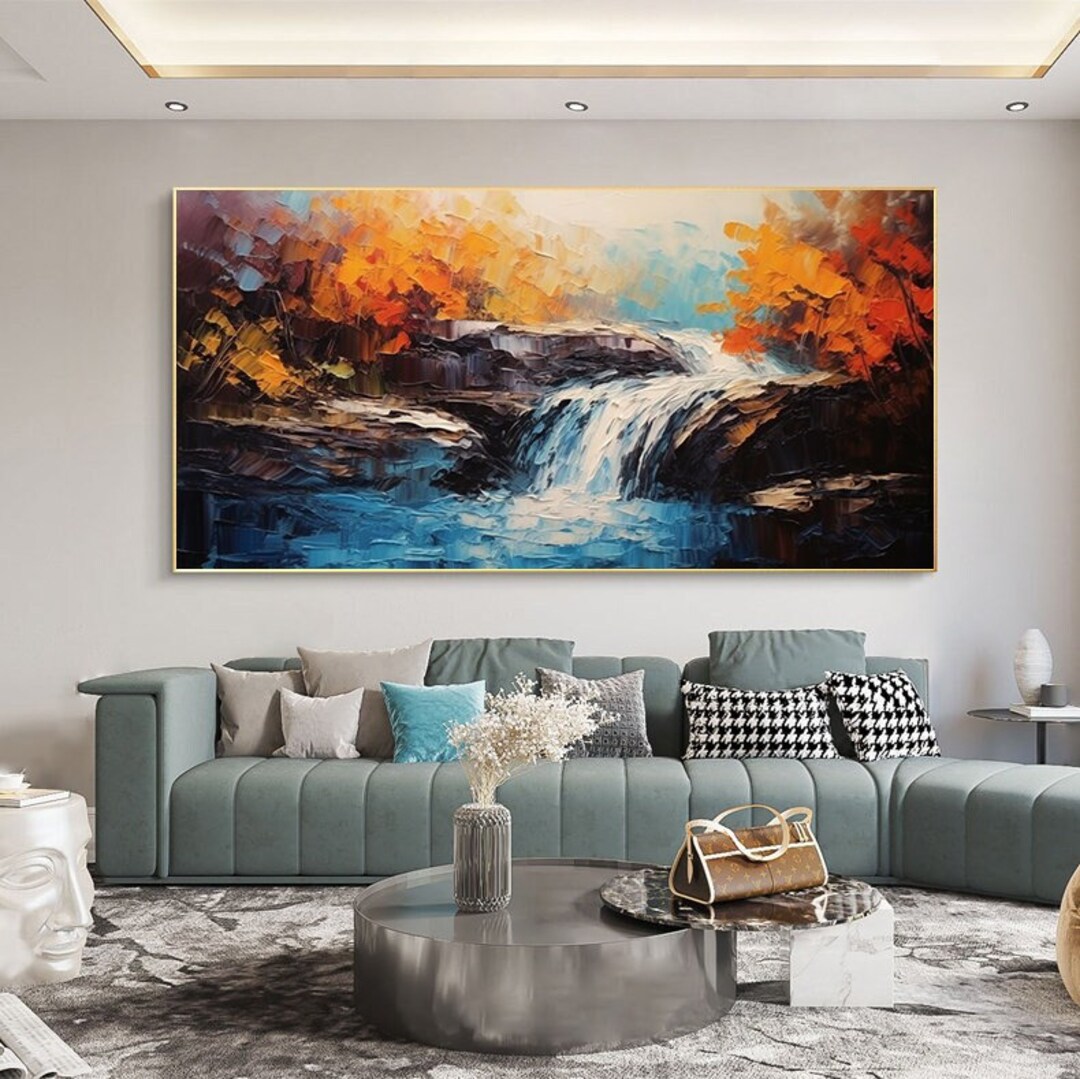 Abstract Landscape Oil Painting on Canvas Textured Waterfall Oil