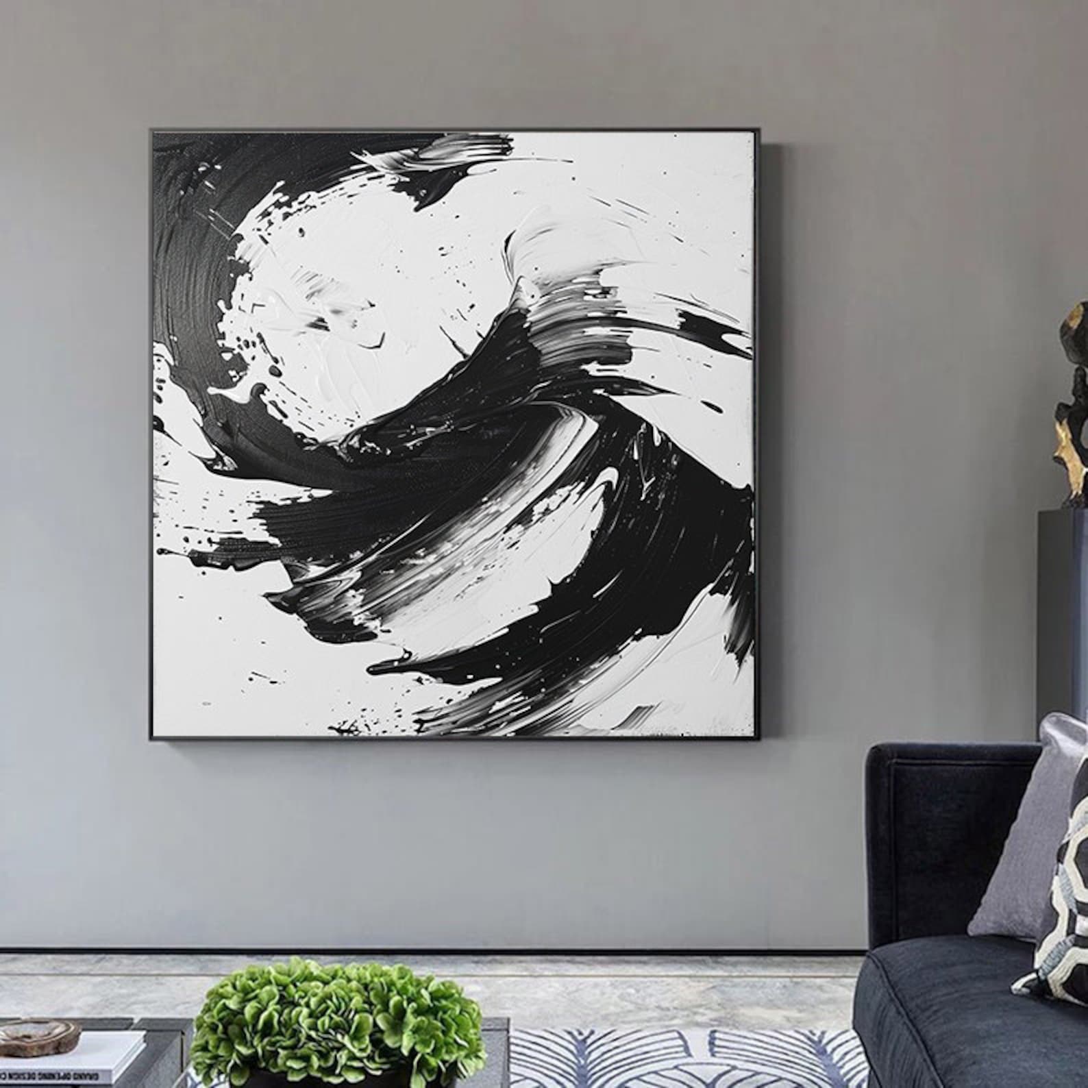 Black White Abstract Painting Black and White Texture Wall Art Black ...