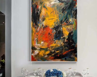 大きな黄色の抽象画、オリジナルのオレンジ色の抽象画、現代アート