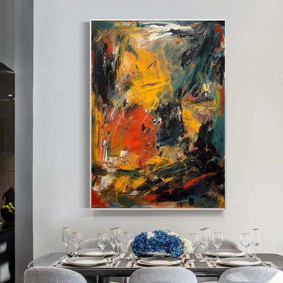 大きな黄色の抽象画、オリジナルのオレンジ色の抽象画、現代アート