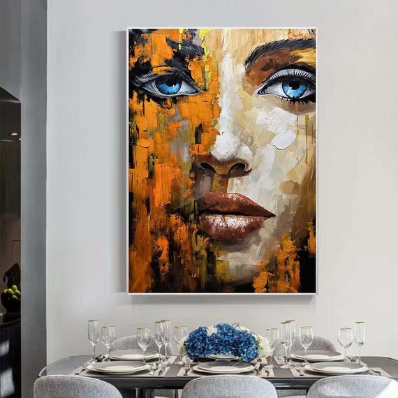 【額装】キュビズム風 女性人物画 模写 現代アート 油彩風インテリア 52×43 抽象的な女性の絵画 額入り オレンジとベージュ 女性の絵画 女性の顔の
