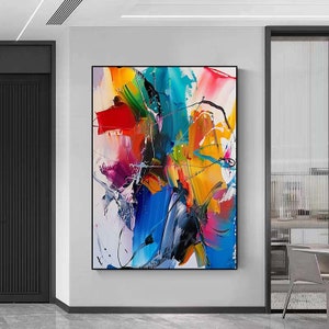 Puede incluir: Pintura abstracta con trazos audaces de color, incluyendo rojo, amarillo, azul, verde y rosa. La pintura tiene una sensaci&oacute;n din&aacute;mica y en&eacute;rgica.