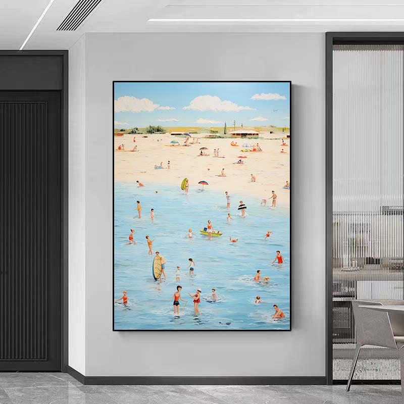 キャンバスに描かれたオリジナルのビーチ油絵、抽象的な夏の海辺の絵画