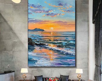 オリジナルのカラフルな海の絵画、キャンバスに描かれた大きな抽象的な