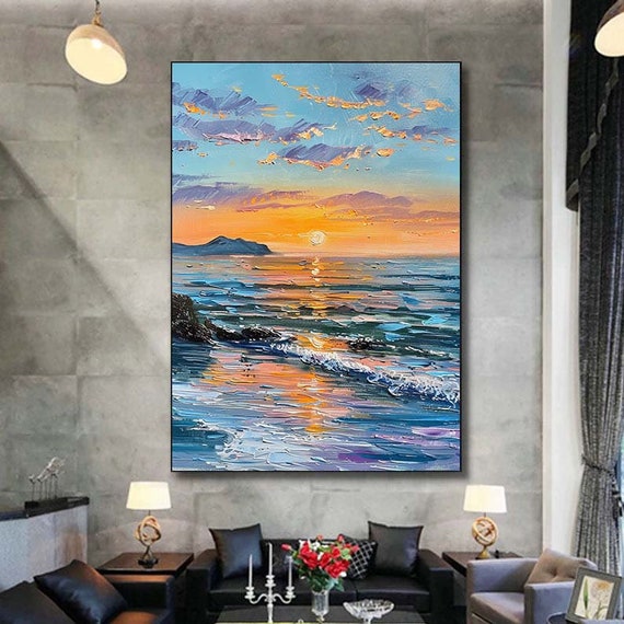 オリジナルのカラフルな海の絵画、キャンバスに描かれた大きな抽象的な