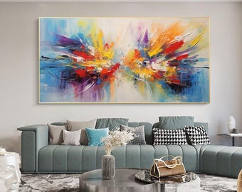 特大オリジナル抽象画、カラフルな抽象画、特大壁アートテクスチャ