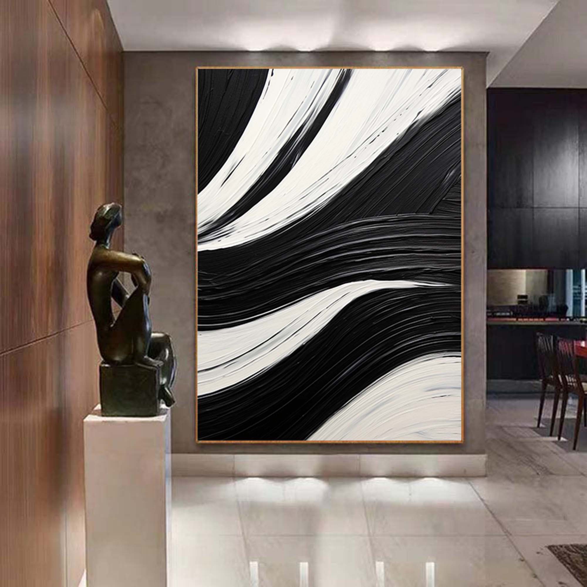 Minimalist Black and White Abstract Oil Painting Black and White Wall ...
