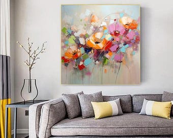 キャンバスに描かれた抽象的な花の油絵：カラフルな花のアート