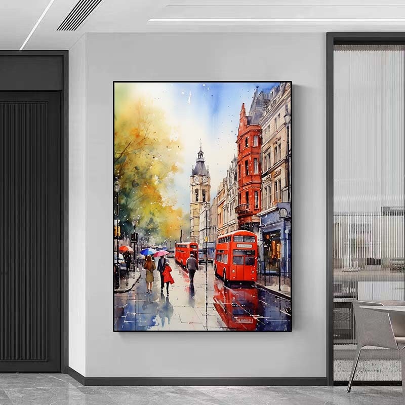 ロンドンの街並みを描いたカラフルな油絵、ロンドンの街並みの油絵