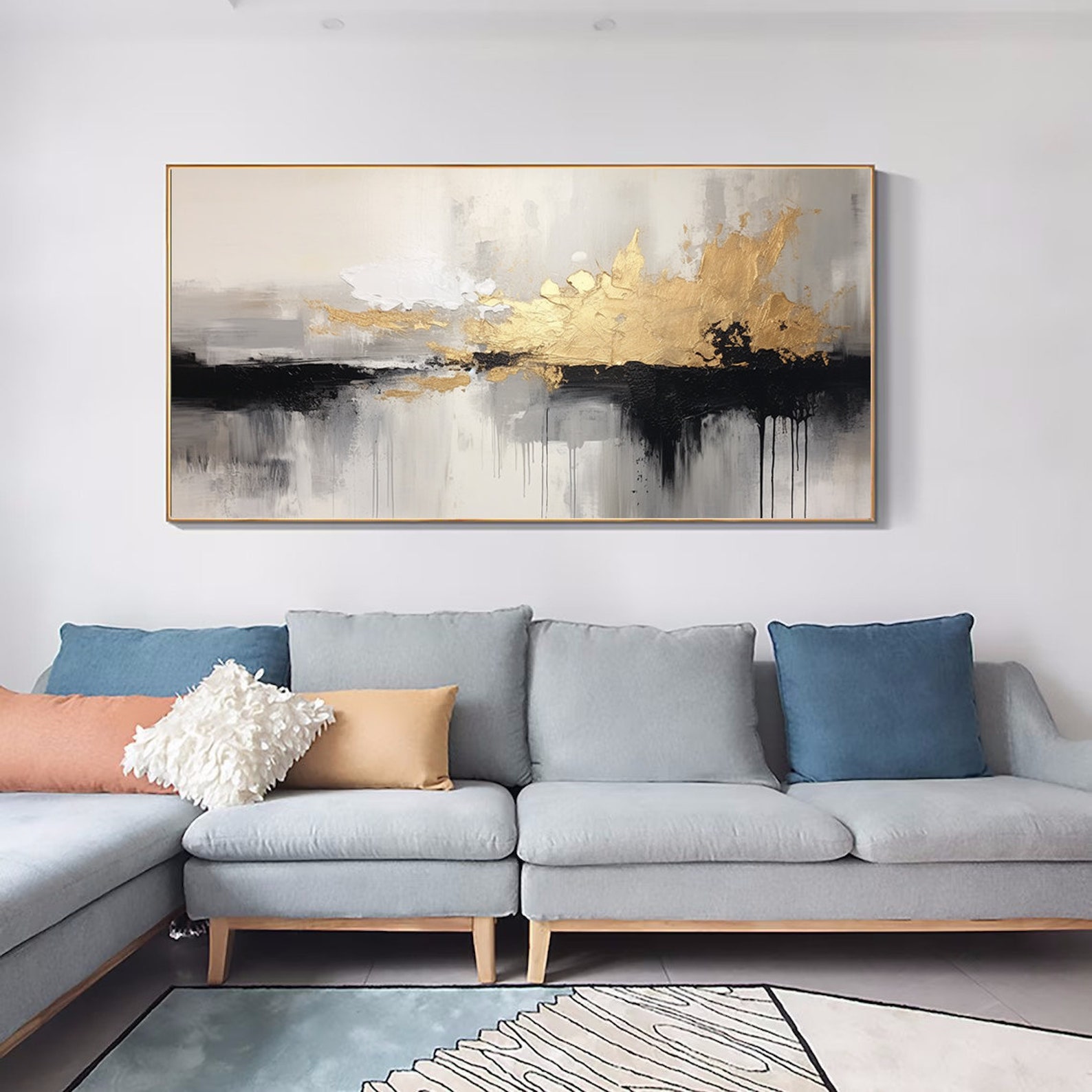 Black and White Abstract Texture Painting Large Black and White Gold ...