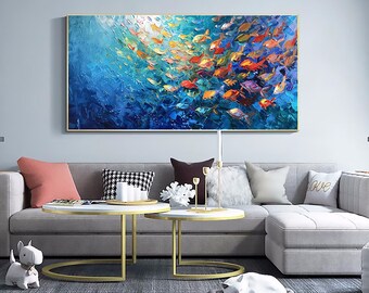 抽象的な青い海の絵、キャンバスに描かれた大きなオリジナルの魚群油絵