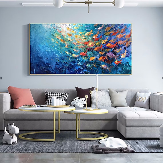 抽象的な青い海の絵、キャンバスに描かれた大きなオリジナルの魚群油絵