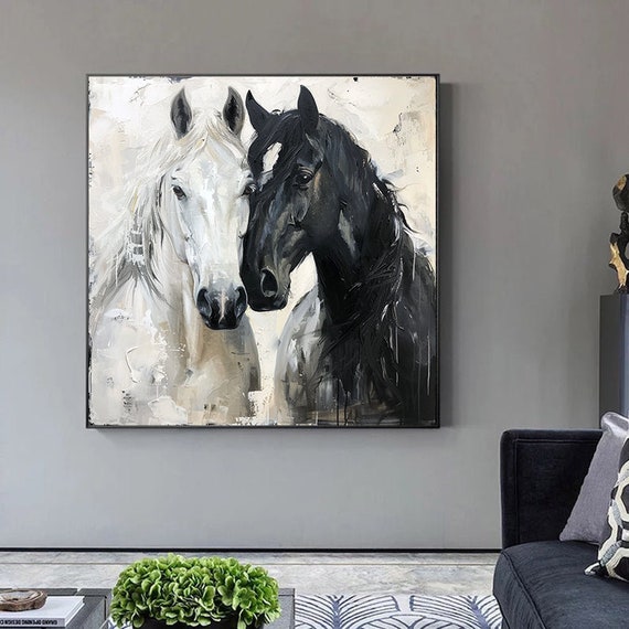白と黒の馬の油絵、馬の絵画オリジナル、動物の油絵、アクリル抽象油絵