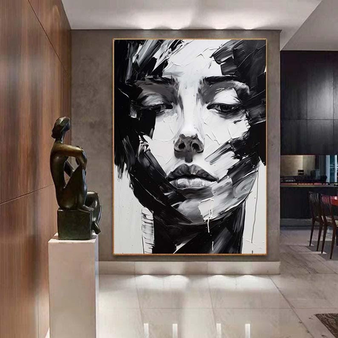 大きな白黒の顔の絵 キャンバスに描かれたオリジナルの女性の絵 白黒の