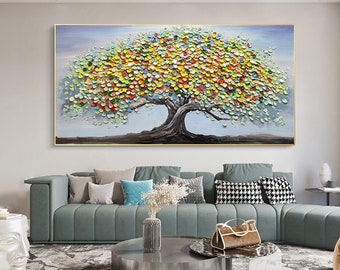 Original Tree Painting on Canvas, Large Abstract Gold Gray Big