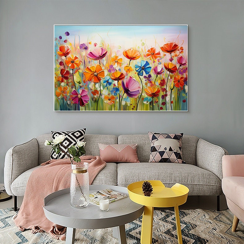 キャンバスに描かれた花の油絵 抽象的なカラフルな花の絵 花の風景画
