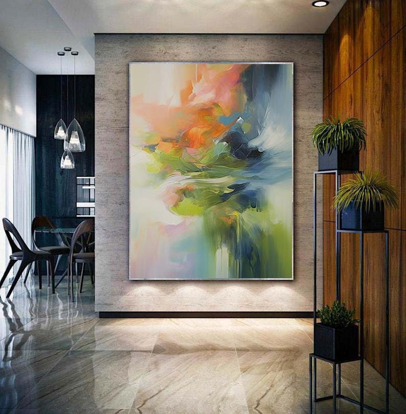 オリジナルの緑の抽象画 大きなカラフルな絵画 緑の壁アート 抽象的な