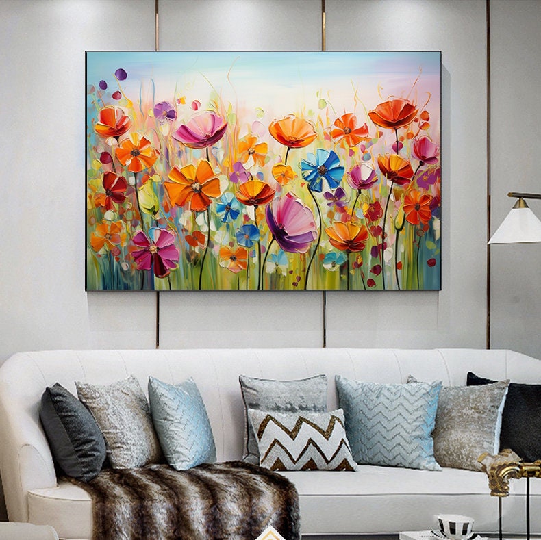 キャンバスに描かれた花の油絵 抽象的なカラフルな花の絵 花の風景画