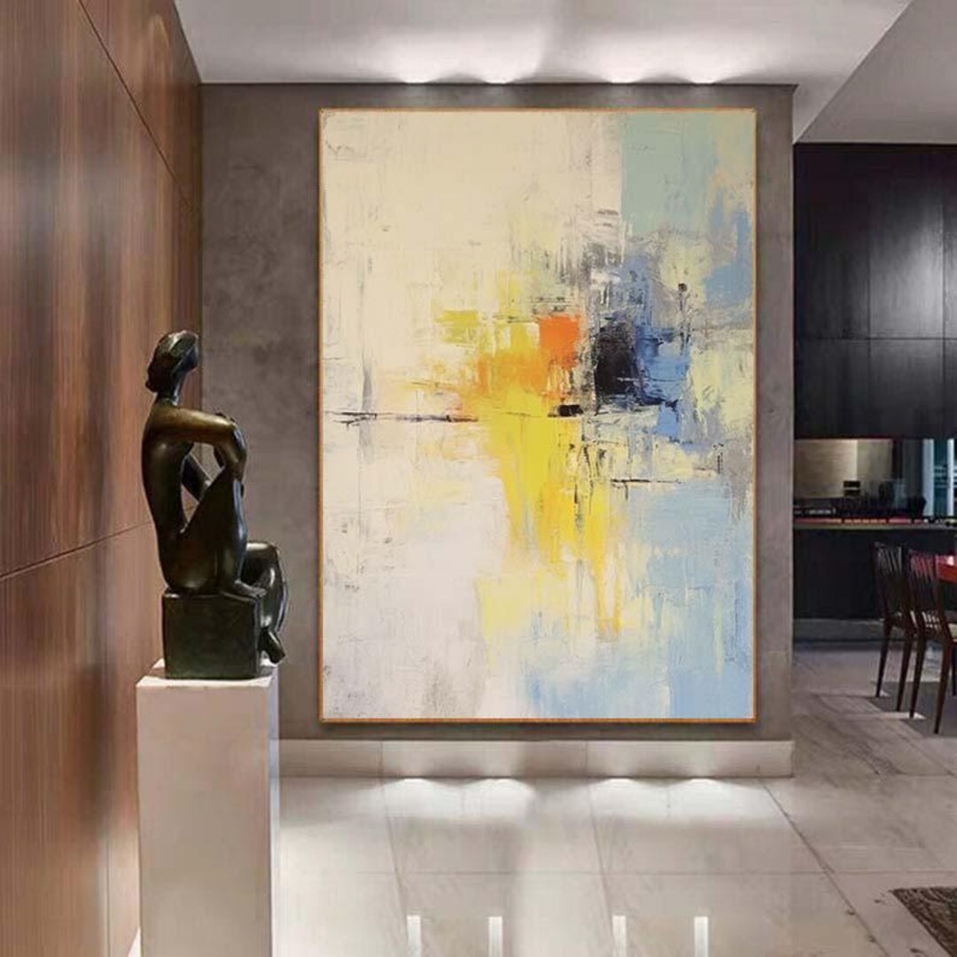オリジナルの黄色の抽象油絵、大きなベージュの抽象画、特大の