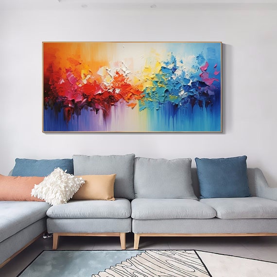 絵　絵画　インテリア　おしゃれ　カラフル　抽象画　アート　変化 オリジナルの抽象油絵カラフルな吊り下げ絵、リビングルーム用の