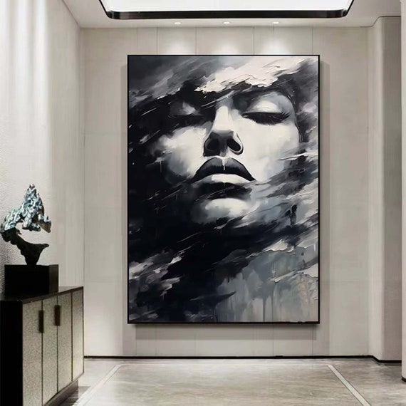 抽象的な白黒の顔の油絵、黒のアート女性の顔のアートワーク顔のない