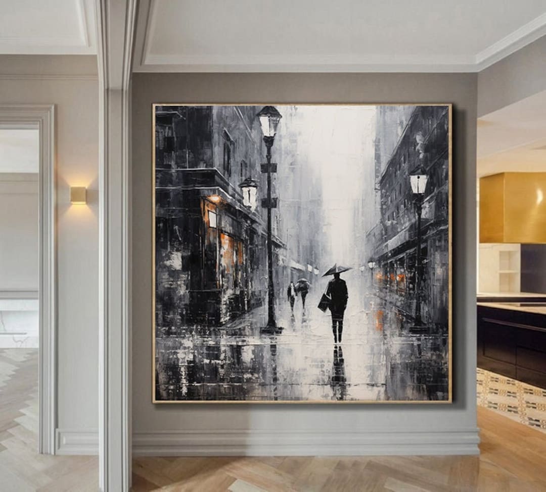 Original Cityscape Oil Painting Textured Canvas Large Abstract Black ...