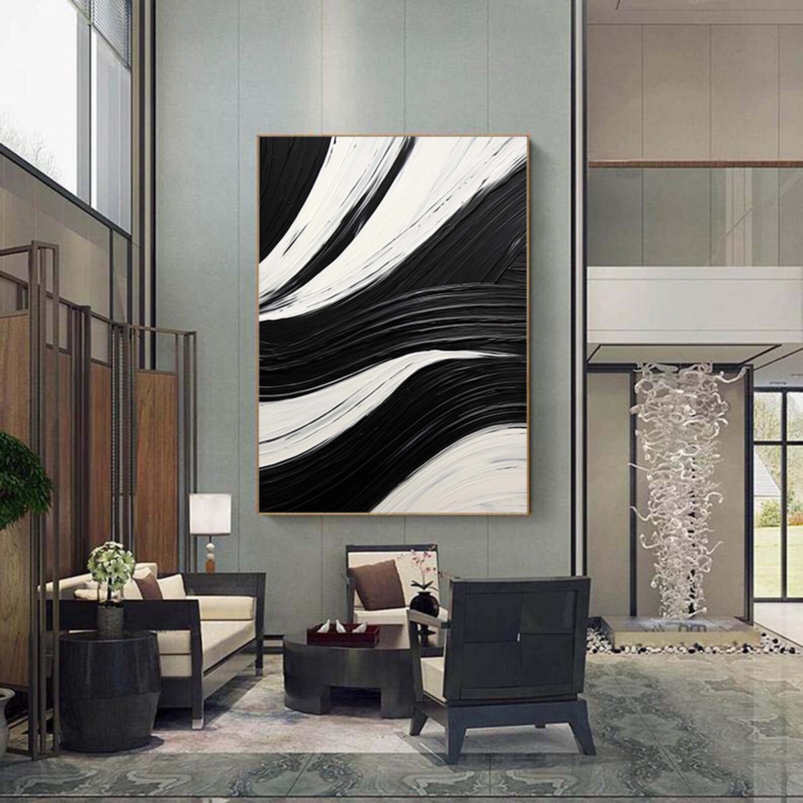 Minimalist Black and White Abstract Oil Painting Black and White Wall ...