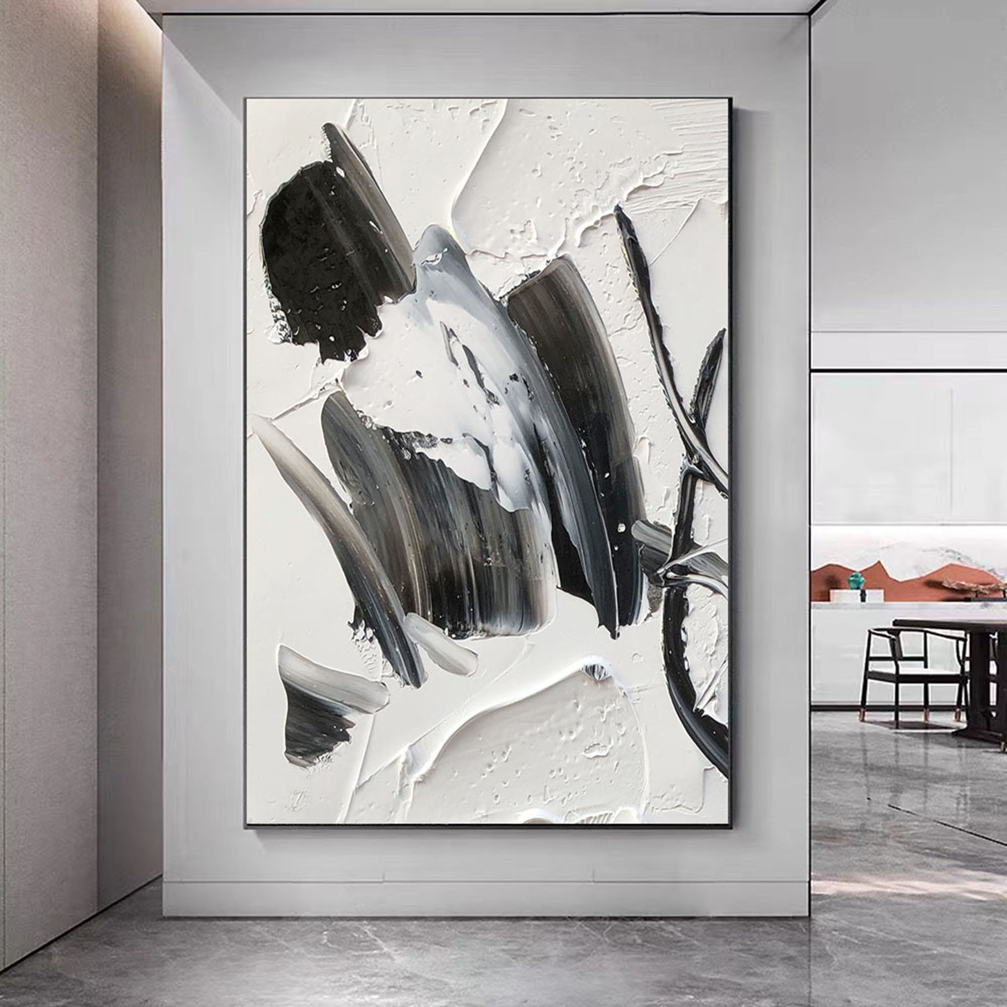 大きな抽象的な壁アートキャンバス白黒油絵、モダンな手描き油絵