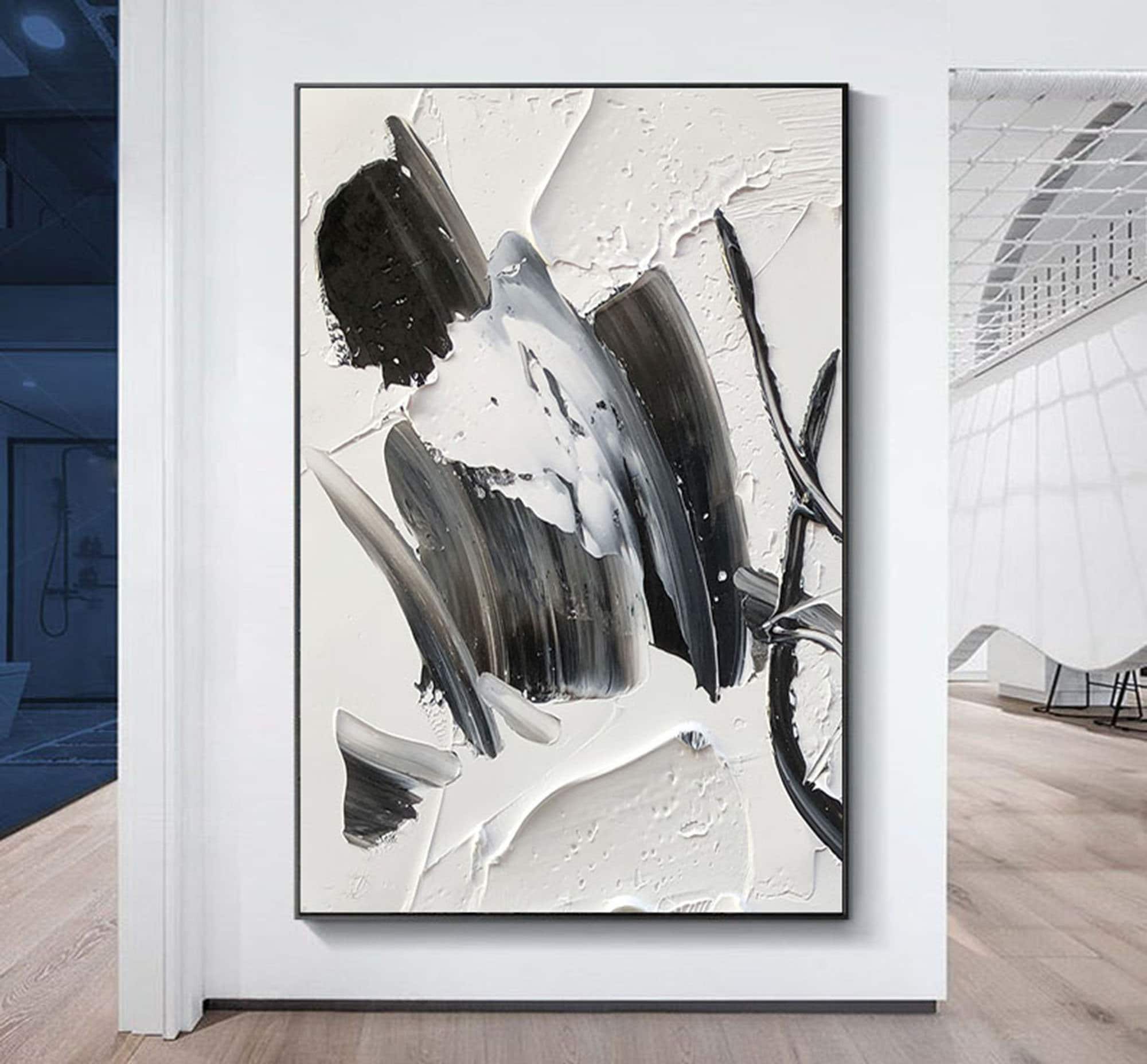大きな抽象的な壁アートキャンバス白黒油絵、モダンな手描き油絵