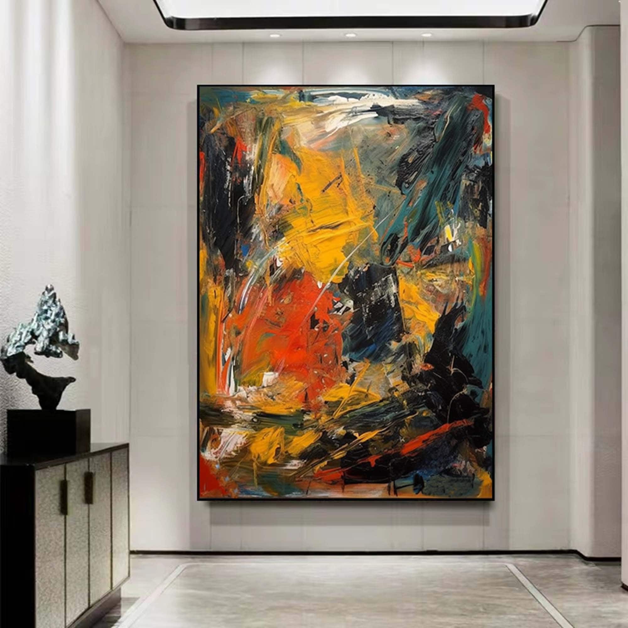 大きな黄色の抽象画、オリジナルのオレンジ色の抽象画、現代アート