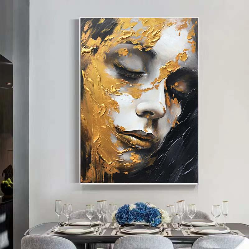 抽象的な金色の質感のある肖像画、金と黒の色の油絵、質感のある絵画