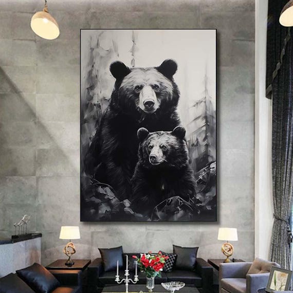 キャンバスに手描きされたオリジナルのクマの油絵、大きな抽象的な黒い