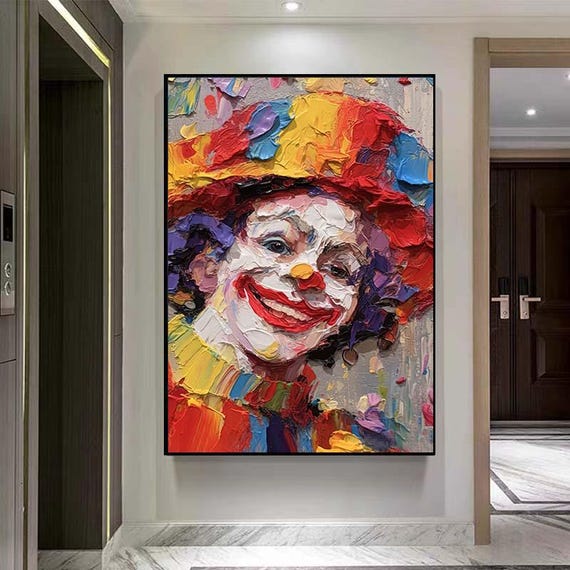 絵画　ピエロ　アート 一点物　美術 大型オリジナルテクスチャピエロ油絵鮮やかな抽象的なピエロの肖像画