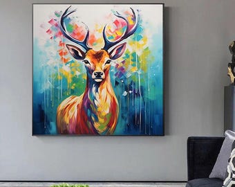 キャンバスに描かれた大きな抽象的な鹿の油絵、大きな抽象的なカラフル
