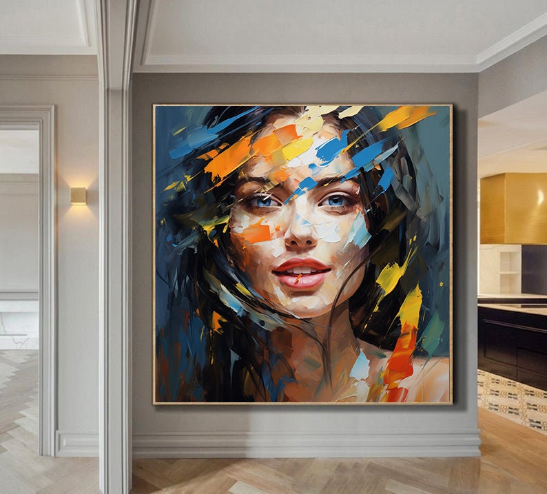 Woman Face Artwork Colorful Abstract Facial Oil Painting,textured