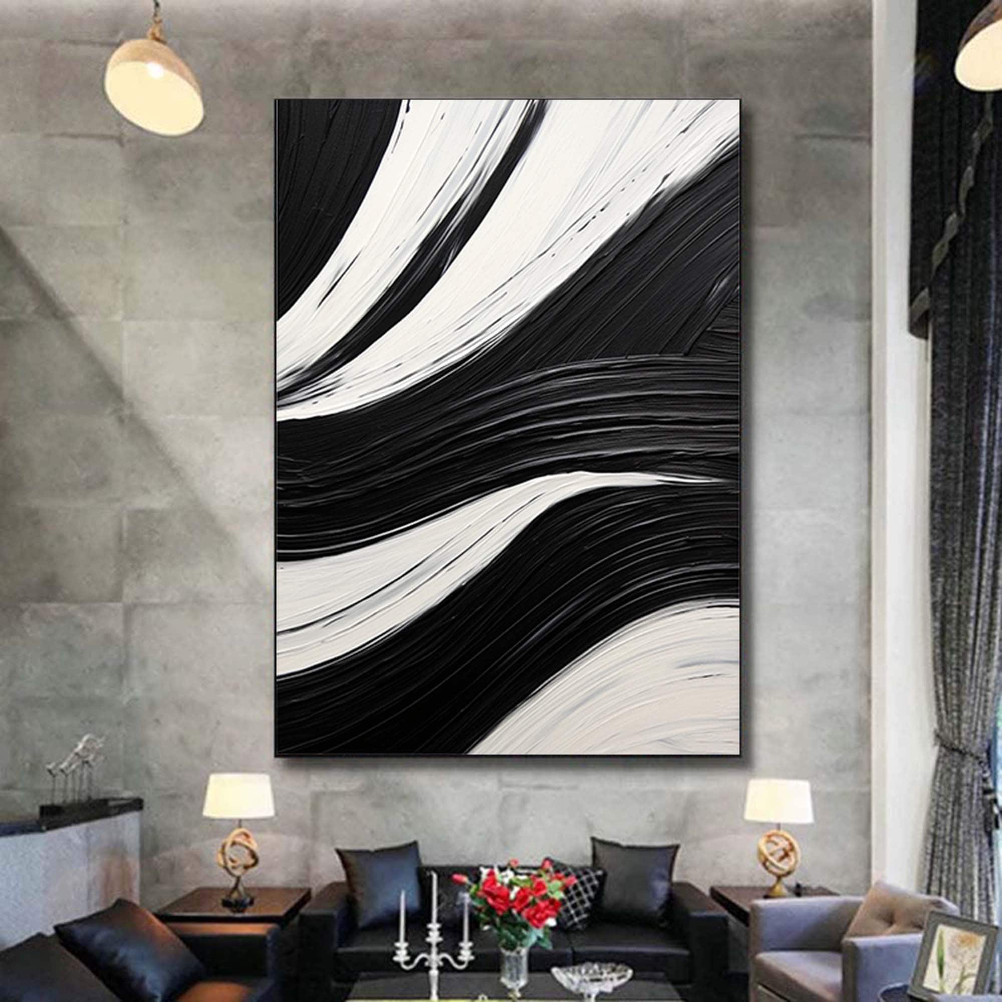 Minimalist Black and White Abstract Oil Painting Black and White Wall ...