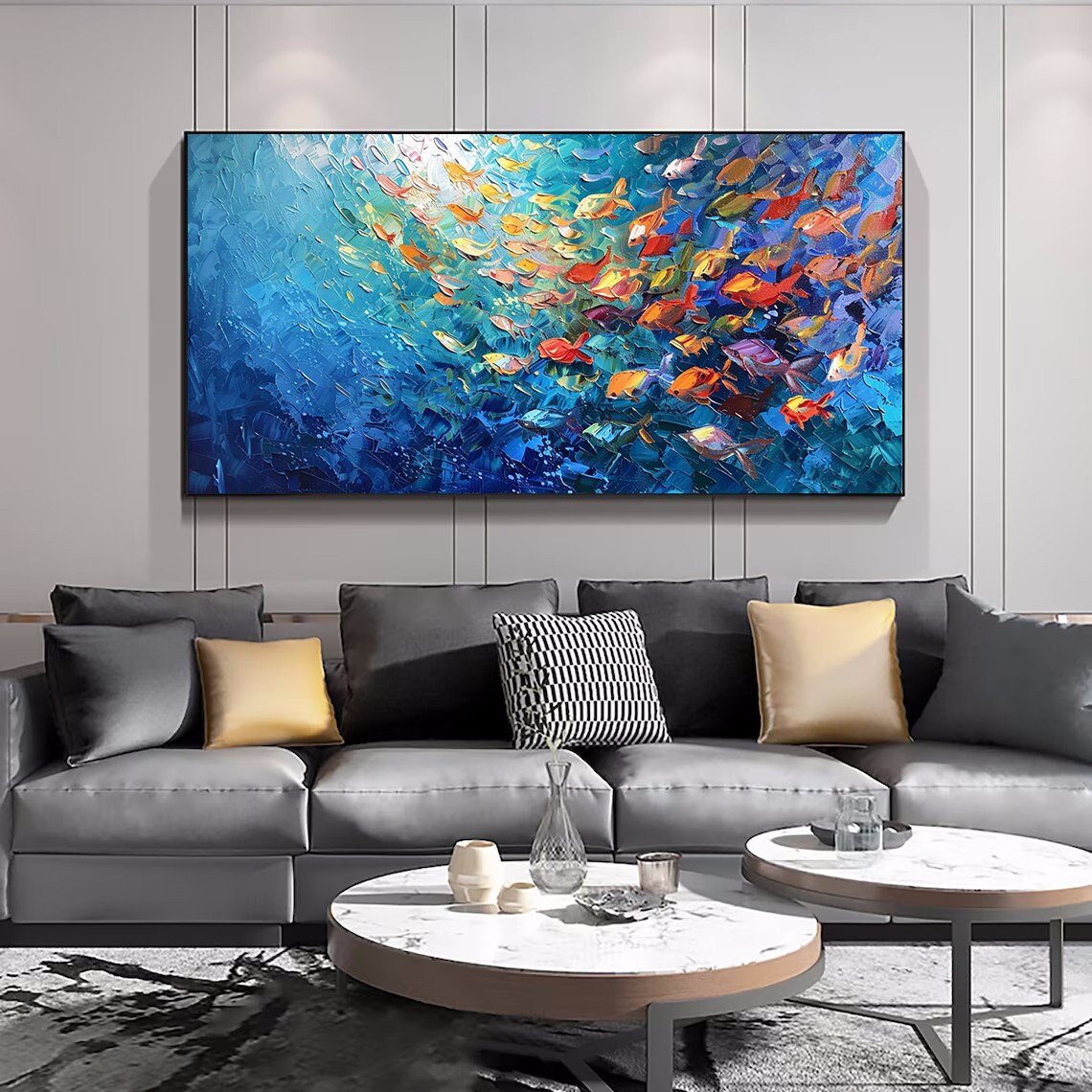 抽象的な青い海の絵、キャンバスに描かれた大きなオリジナルの魚群油絵