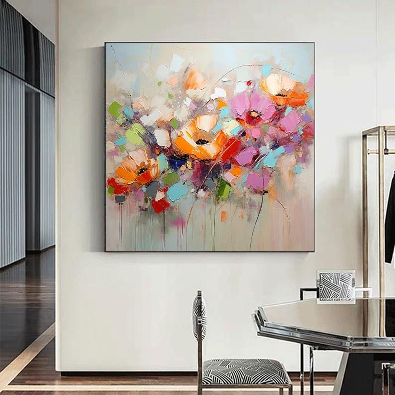 キャンバスに描かれた抽象的な花の油絵：カラフルな花のアート