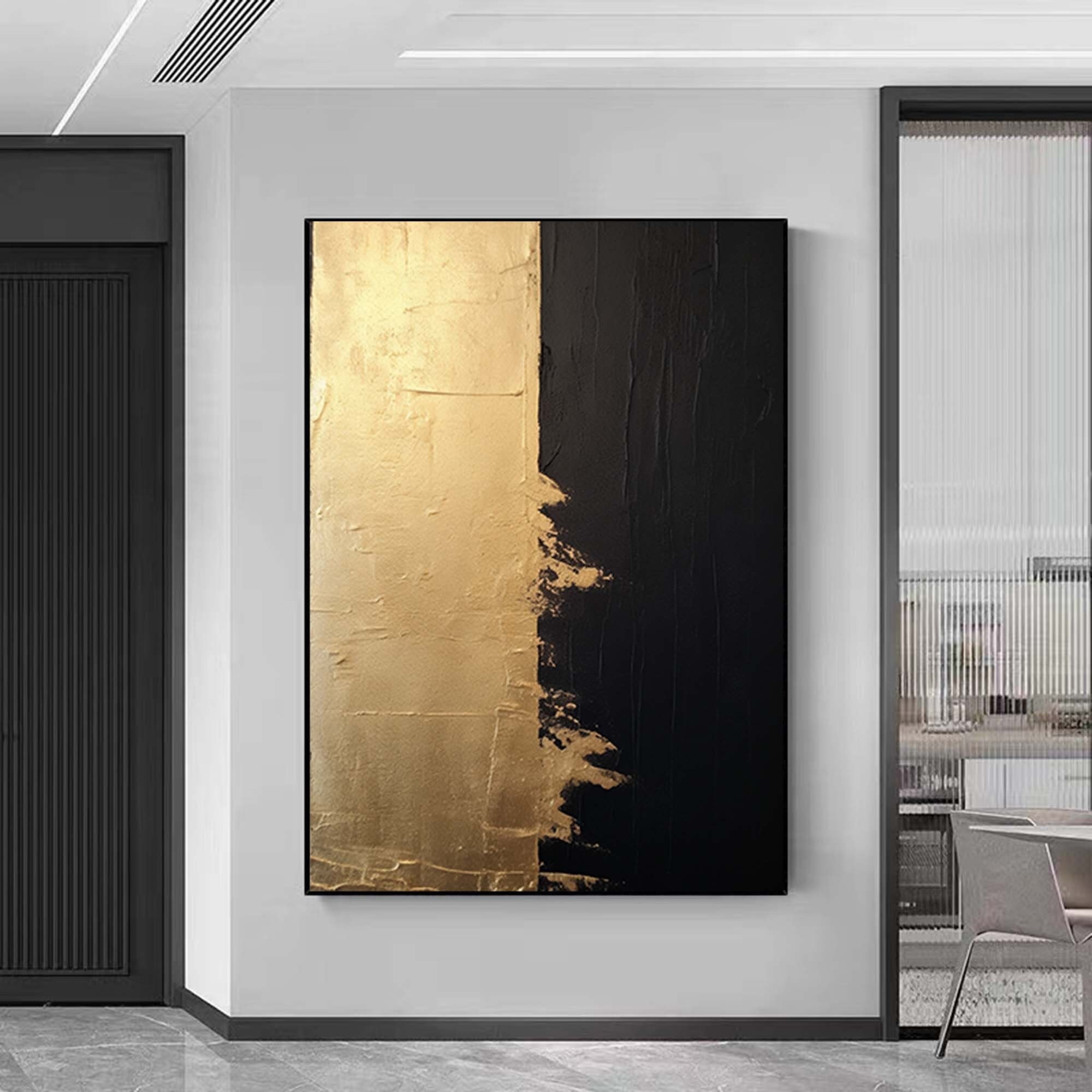 黒と金の抽象画 キャンバスに描かれたオリジナルの抽象画 金箔