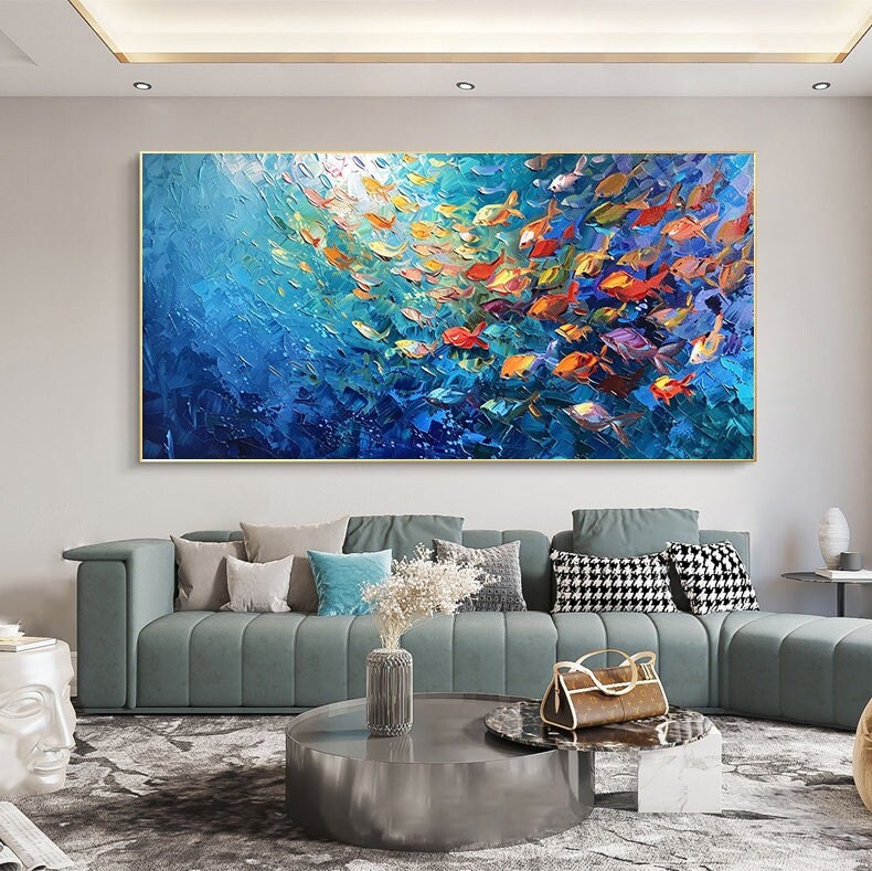 抽象的な青い海の絵、キャンバスに描かれた大きなオリジナルの魚群油絵