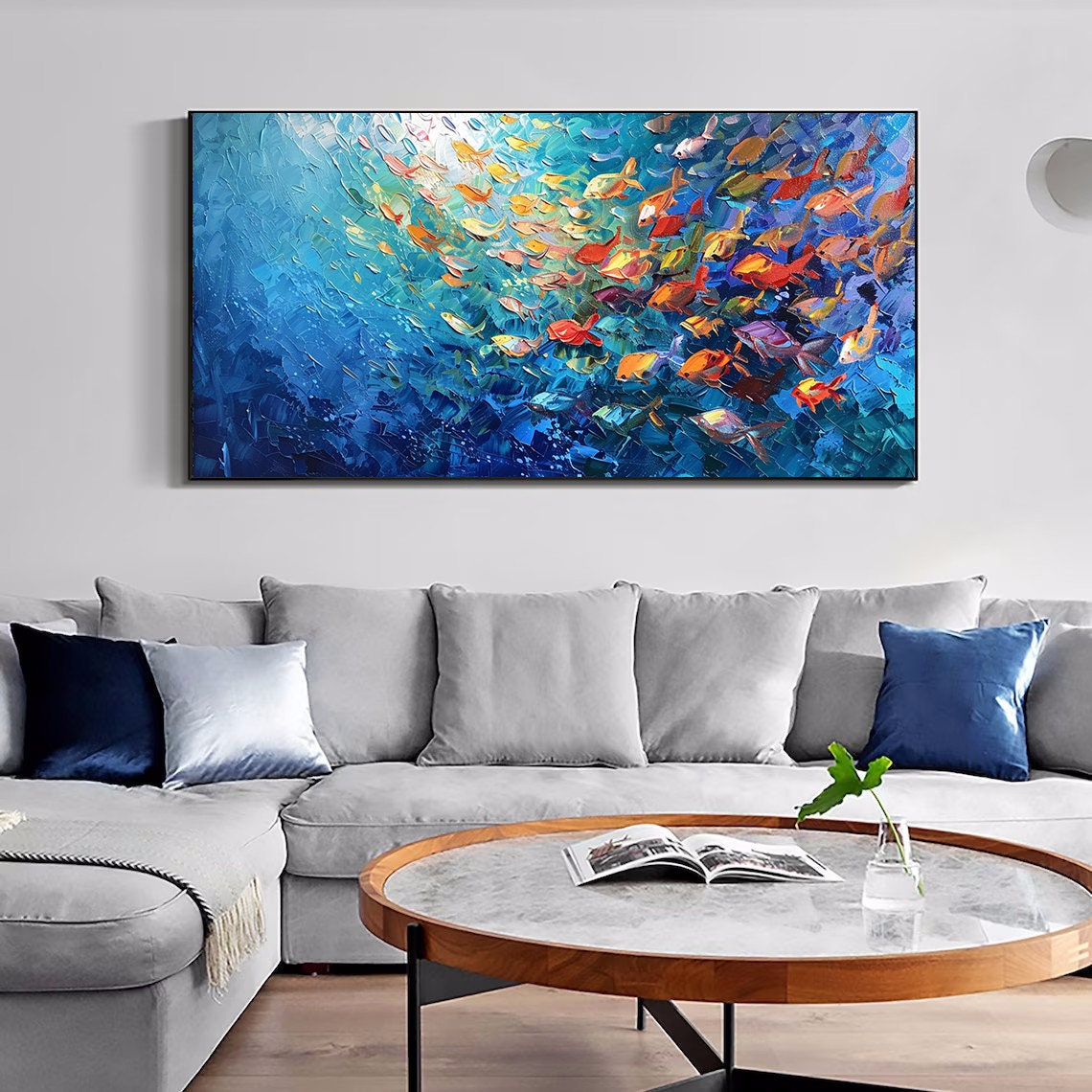 抽象的な青い海の絵、キャンバスに描かれた大きなオリジナルの魚群油絵