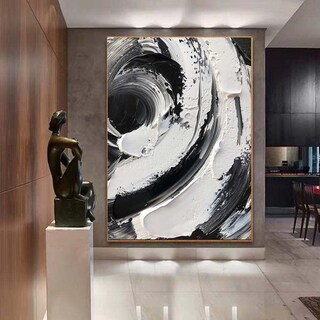 Dipinto A Olio Astratto NANKAI 100x70 Cm - Bianco E Nero Minimalista, Quadro Moderno Dipinto A Mano Su Tela